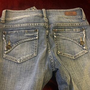 YMI Women's Light Blue Flared Denim Jeans with Back Pocket Detail